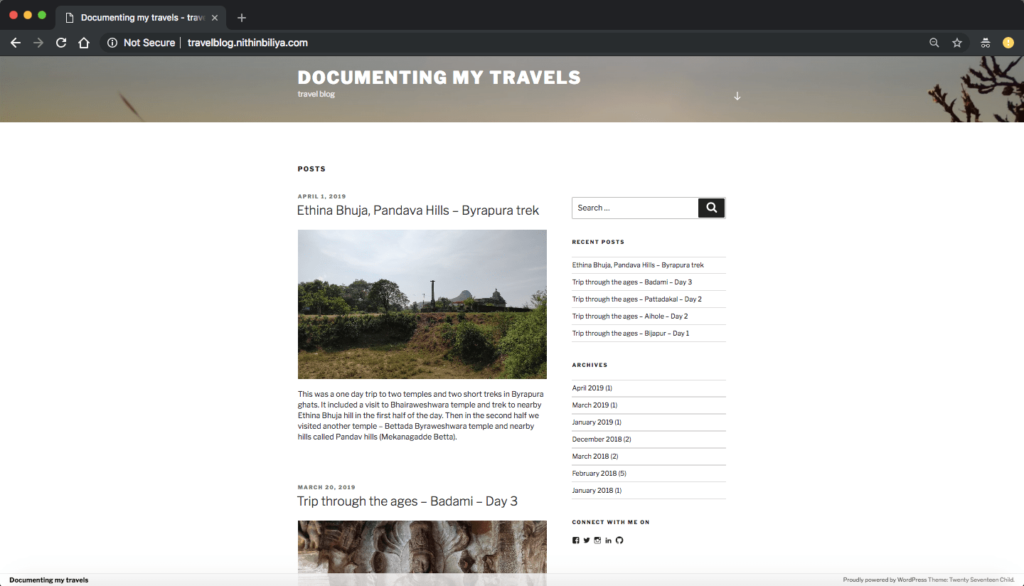 Home page of my travel blog - http://travelblog.nithinbiliya.com/ showing the excerpts of the most recent posts 
