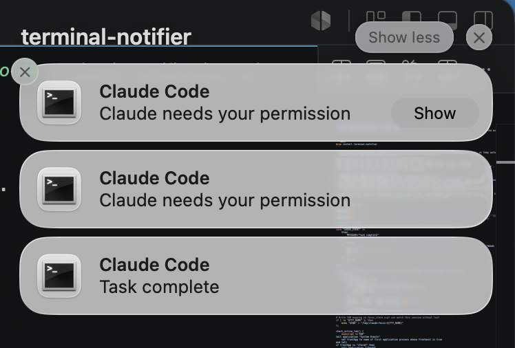 macOS Notification Center showing multiple Claude Code notifications including task complete and permission prompts